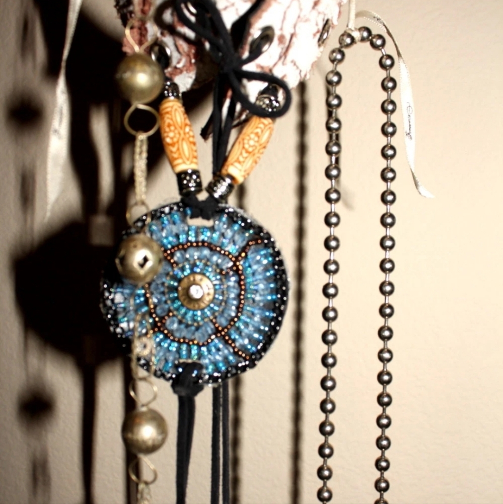 Navajo Choker Leather with Gemstones Sequin and Brass Chain and More, Handmade - Picture 8 of 8